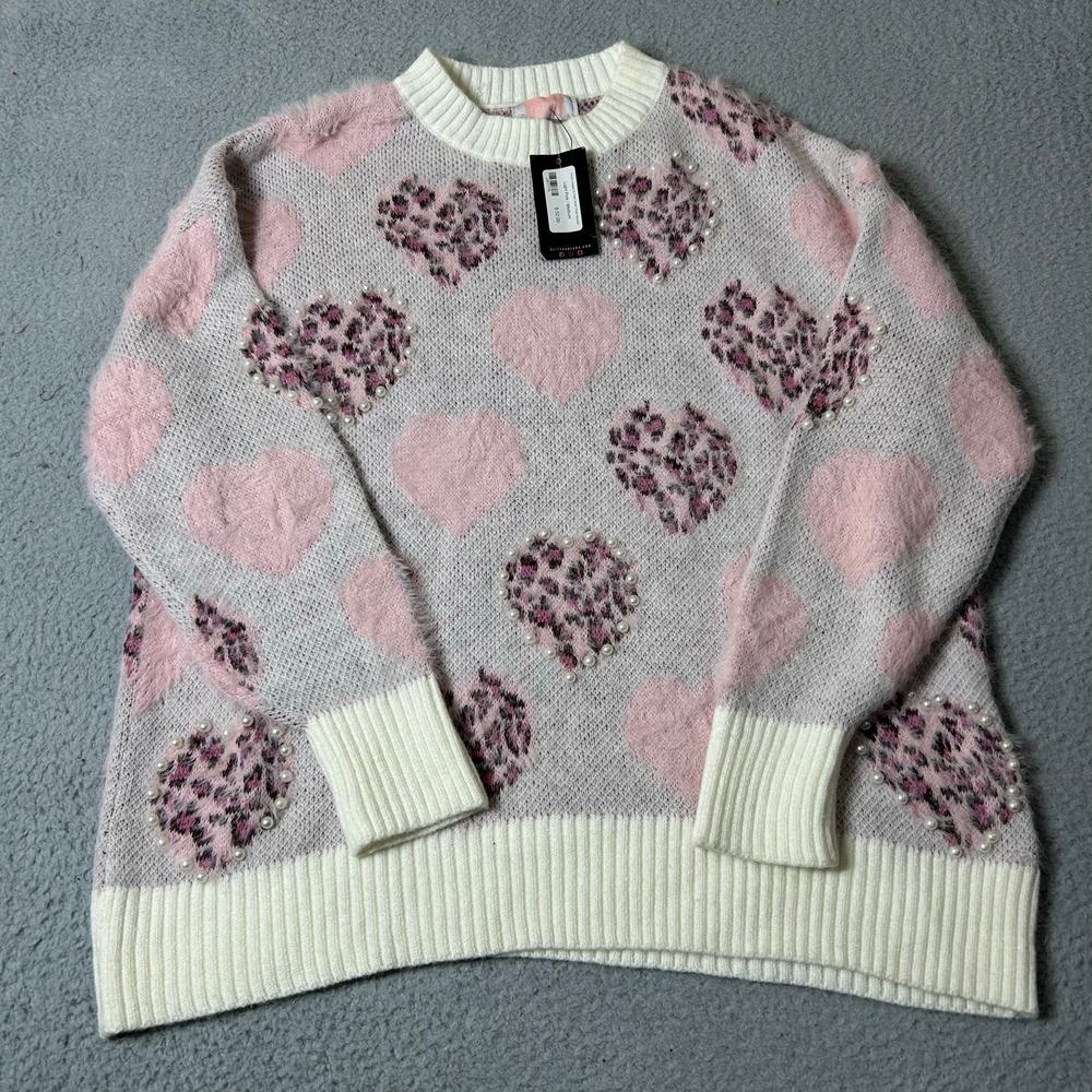 Glitz & Ears Sweater Womens M Pink Cream Fuzzy Leopard Heart Pearl Sweater‎ NEW